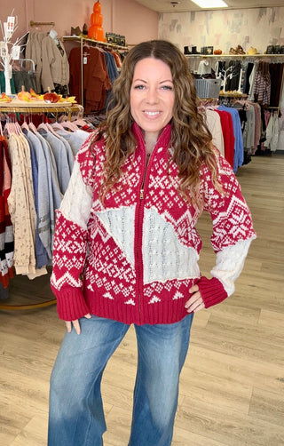 Vintage Pattern Sweater Zip-Up Cardigan
