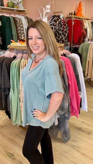 Blue Two Tone Comfy Ribbed Knit Top