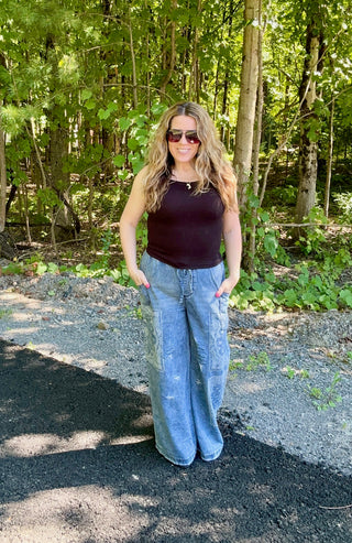 Patchwork Printed Washed Denim Pants