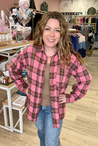 Pink Frayed Hem Plaid Button Up