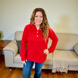 Henley Basic 4 Button Neckline Sweater in Ruby