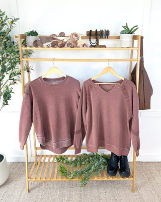 IN STOCK Lace Accent Vintage Wash Pullover - Brown FINAL SALE