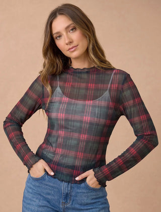 Holly Days Plaid Mesh Ruffle Top