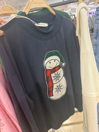 Glitter Snowman on Navy Mock Neck Top