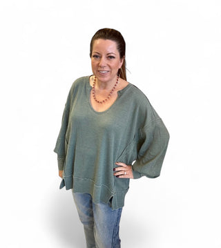 Cotton Blend Waffle Knit Oversized Long Sleeve