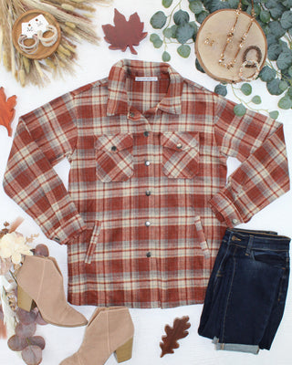 08.21 EN ROUTE Norah Shacket - Brick Plaid