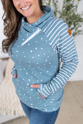 IN STOCK Zoey ZipCowl Sweatshirt - Teal Dots and Stripes FINAL SALE