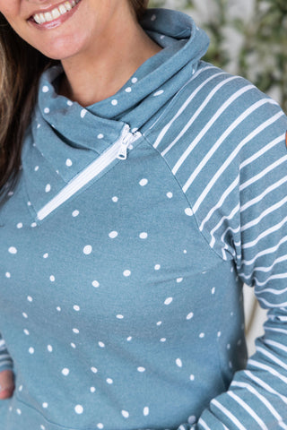 IN STOCK Zoey ZipCowl Sweatshirt - Teal Dots and Stripes FINAL SALE