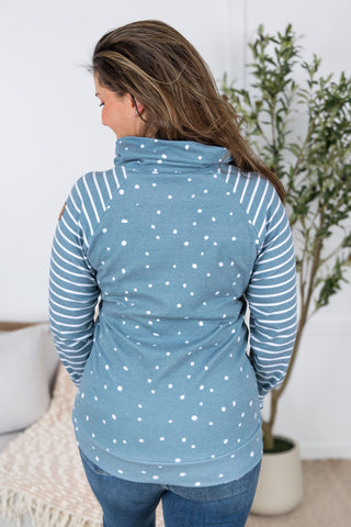 IN STOCK Zoey ZipCowl Sweatshirt - Teal Dots and Stripes FINAL SALE