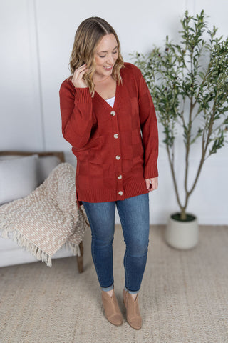 IN STOCK Chelsea Checkered Cardigan - Brick FINAL SALE