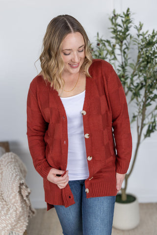 IN STOCK Chelsea Checkered Cardigan - Brick FINAL SALE