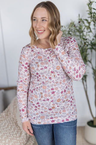 IN STOCK Button Snap Henley Top - Pink Fall Vintage Floral