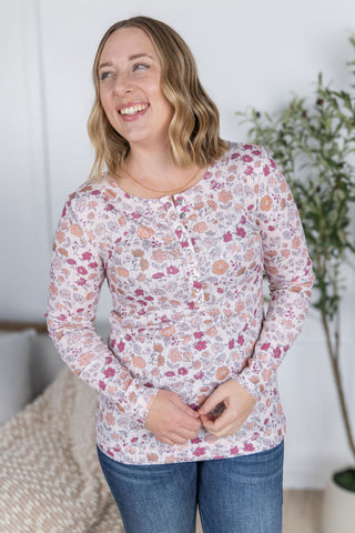 IN STOCK Button Snap Henley Top - Pink Fall Vintage Floral