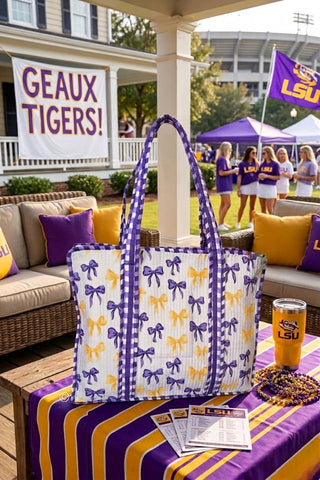 Sideline Social Purple and Yellow Bow Tote Bag