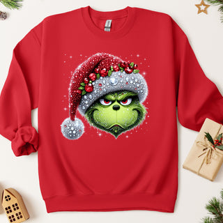 Faux Rhinestone Green Man Crew Sweatshirt