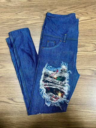 Christmas Plaid Blue Denim Leggings w/ Back Pockets