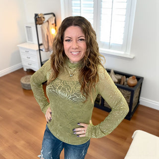 Floral Long Sleeve Mesh Top in Olive