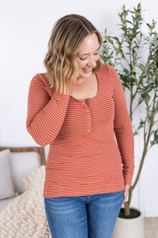 IN STOCK Striped Henley Long Sleeve - Terra Cotta