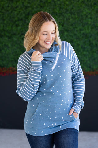 IN STOCK Zoey ZipCowl Sweatshirt - Teal Dots and Stripes FINAL SALE