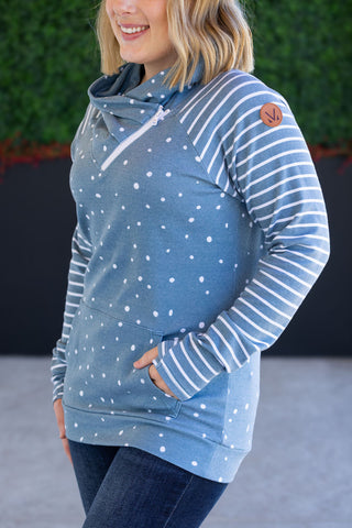 IN STOCK Zoey ZipCowl Sweatshirt - Teal Dots and Stripes FINAL SALE