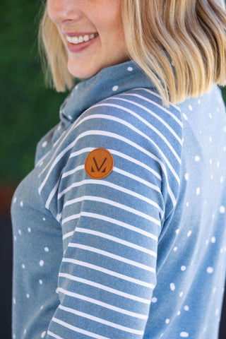 IN STOCK Zoey ZipCowl Sweatshirt - Teal Dots and Stripes FINAL SALE