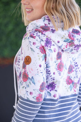 IN STOCK Hailey Pullover Hoodie - Burgundy Bloom and Grey Stripes