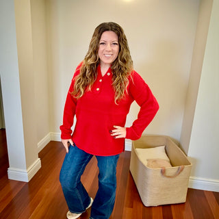 Henley Basic 4 Button Neckline Sweater in Ruby