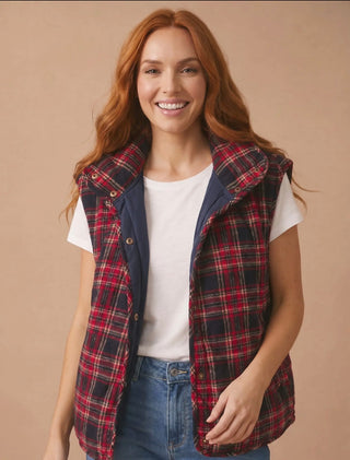Cozy Cabin Plaid Quilted Snap Vest