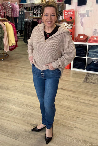 High Rise Button Skinny Jean