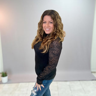 Floral Long Sleeve Mesh Top in Black