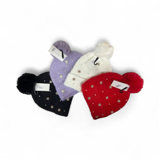 Pearl Rhinestone Flower Beanie with Pom Pom