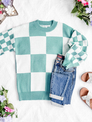 IN STOCK Checkered Pullover Sweater - Dusty Jade FINAL SALE