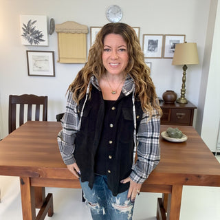 Black Shacket with Plaid Sleeves
