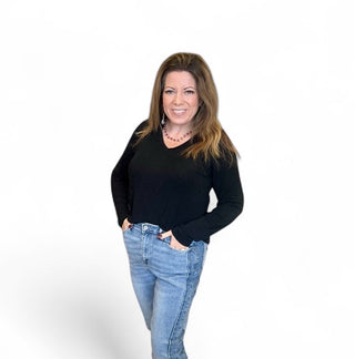Long Sleeve Flow Top with Side Slit in Black