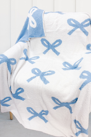 Blue and Cream Bow Luxury Blanket