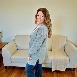 Blue Grey Waffle Open Cardigan Sweater