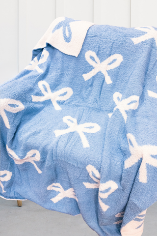 Blue and Cream Bow Luxury Blanket