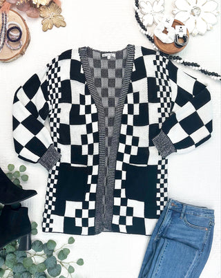 IN STOCK Long Checkered Pocket Cardigan - Black and White