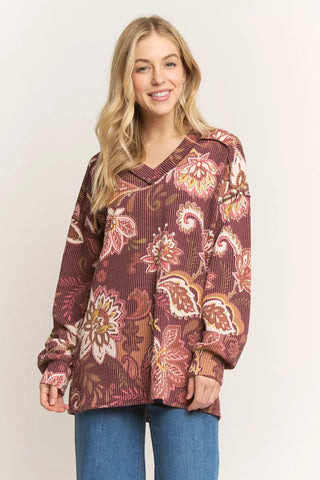 Paisley Urban Rib Vneck Top with Puff Sleeves