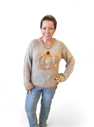 Pumpkin Floral Embroidered Thanksgiving Sweater