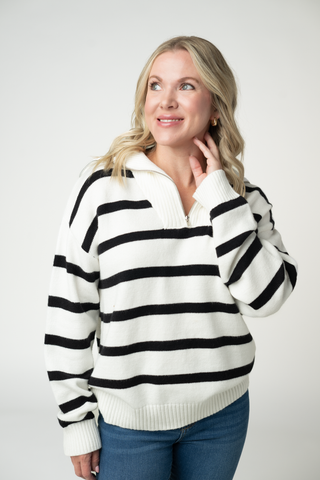 IN STOCK Quarter Zip Striped Pullover - Black and White