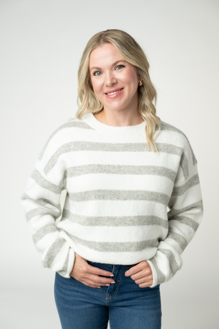 IN STOCK Cozy Stripe Sweater - Grey and White