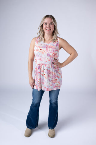 IN STOCK Renee Ruffle Tank Top - Coral Sunset Floral
