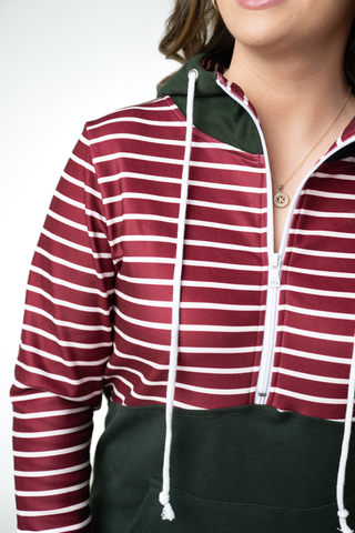 IN STOCK Soft Classic HalfZip Hoodie - Evergreen and Burgundy Stripes