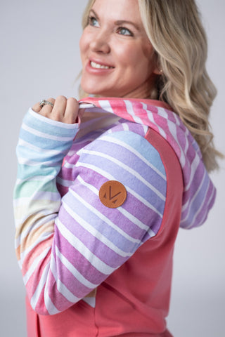 IN STOCK Classic Halfzip Hoodie - Rainbow Stripes and Sun Kissed Coral