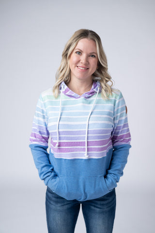IN STOCK Hailey Pullover Hoodie - Rainbow Stripes and Blue