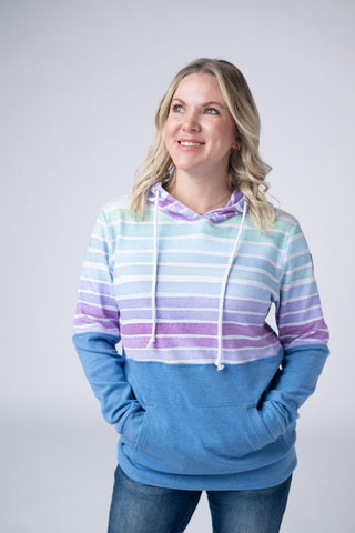 IN STOCK Hailey Pullover Hoodie - Rainbow Stripes and Blue