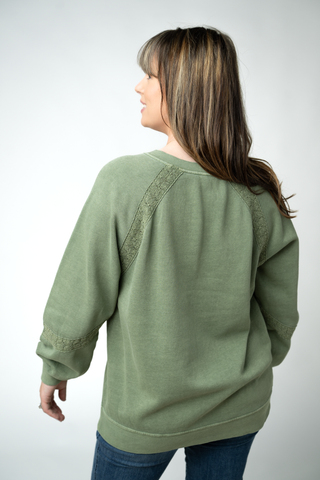 IN STOCK Lace Accent Vintage Wash Pullover - Olive
