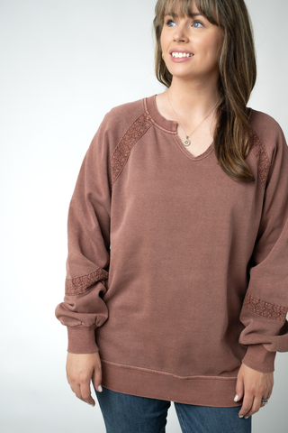 IN STOCK Lace Accent Vintage Wash Pullover - Brown FINAL SALE