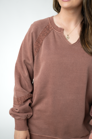 IN STOCK Lace Accent Vintage Wash Pullover - Brown FINAL SALE